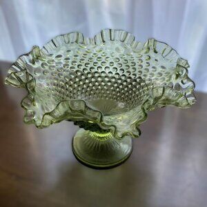 Large Colonial Green Fenton Hobnail Ruffled Crimped Edge Pedestal Compote